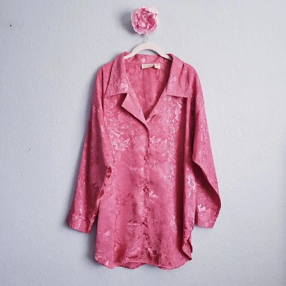 VINTAGE Gold Label Victoria's Secret Pink Satin Buttondown Sleep Shirt